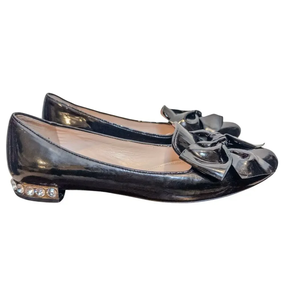 Miu Miu Black Patent Bow Ballet Flats Rhinestone Heel Size 38.5 EU US 8.5